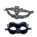 Phoenix-style black lace and sleek gloss eye masks for Masquerade and Halloween parties - Black Cat Face Lace Mask + Sleek Plastic Mask