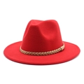 Detailed view of red fedora hat with a light brown braided rope band and classic crown - M (56-58cm) / Red