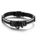 Bracelet tressé en cuir pour homme avec câble acier argenté et ancre noire - Style Ancre Noire (KB161161)