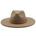 Macro detail of tan felt fedora hat featuring a brown leather band with silver metal studs - M (56-58cm) / Light Coffee
