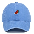 Detail of watermelon embroidery on light blue washed cotton baseball dad hat - One Size / Light Blue