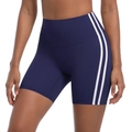 Dettaglio di pantaloncini da ciclista blu navy a vita alta con strisce bianche laterali - S / Blu scuro