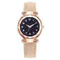 Women's starry sky watch with rose gold case, diamond cut glass, and beige leather strap - Beige