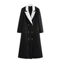 Lange oversized tweed jas voor dames met zwart-wit kleurblokken en gouden knopen - XS / Zwart