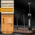 Black electric milk frother 5-piece set with stand and USB-C cable for coffee - New Double Head with Plastic Stand / Black