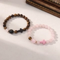 Tiger eye and pink quartz beaded couple bracelets with magnetic cross pendants - Tiger Eye & Pink Quartz - Gold Spacer Cross
