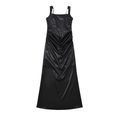 Elegante abito lungo in raso nero con spalline sottili e vita plissettata alla moda - S / Nero