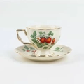 Ceramic coffee cup and saucer set with strawberry floral pattern and gold rim detailing - Strawberry Large Mouth Coffee Cup & Saucer