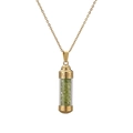 Detail of gold perfume bottle pendant with green crystals and Greek key pattern - 304 Gold Green Stone