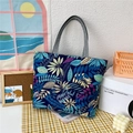 Large capacity navy canvas tote bag with gold and blue leaf prints and gray handles - Colorful Leaves