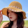 Women's bright yellow crochet sun hat with pink flower embroidery and wide brim - Pink Flower Khaki