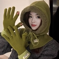 Olive green knit balaclava hoodie with matching gloves and warm fleece lining - Grass Green (Hat and Gloves)