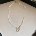 Chic heart pendant necklace featuring split design with pearls and silver metal beads - Silver Heart