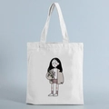 White canvas tote bag featuring a cute cartoon girl with flowers print and white straps - STD239-C/Girl with Flower