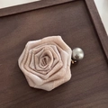 Handmade beige rose hair claw with grey pearl detail on vintage dark wood backdrop - Flower Pearl Duckbill Clip / Beige