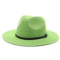 Green foldable straw sun hat with black leather band and buckle in classic fedora style - M (56-58cm) / Fruit Green