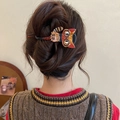 Barrette à cheveux chat vintage française en écailles avec détails de lunettes - Épingle à Cheveux Chat avec Lunettes / Orange et Noir