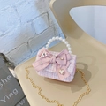Pink tweed girls crossbody bag with large bow pearl handle and gold chain strap - Solid Bow Decor Pink