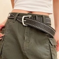 Ceinture vintage en cuir noir avec double rangée de rivets argentés et boucle ardillon - 44# Rivets à tête ronde argentés à double rangée noirs