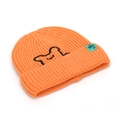Orange rib-knit beanie with bear embroidery and side tag on a clean white background - Orange