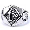 Detailed side view of stainless steel biker ring with 1%er engraving and skull relief - US Size 8 / Silver (08404)