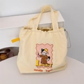Detail of canvas tote bag with drawstring featuring cute cartoon cat and candle illustration - Beige-Candle Cat