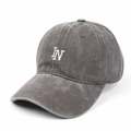 Macro detail of white IN letter embroidery on washed grey cotton baseball cap texture - Adjustable / Coffee