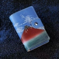 Blue leather card holder with Mount Fuji art and secure silver metal snap button - Red Fuji - 20 Slots