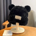 Cute black plush bear ear hat for women with R label and soft faux fur warm texture - Violence Bear-Black