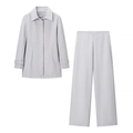 Women's chic grey blazer suit with cinched waist top and wide leg pants set - S / Light Gray