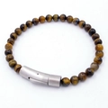 Tiger eye natural stone beaded bracelet for men featuring a sturdy silver stainless steel clasp - Yellow Tiger Eye With Silver Buckle (KB204634-SJ)