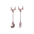 Rose gold 304 stainless steel dessert spoon and fork set with cartoon bull head handle - Rose Gold-Spoon & Fork Set