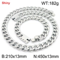 Polished silver stainless steel Cuban chain necklace and bracelet set 13mm wide - Style C (Push Button Clasp) / 13mm Width/45cm Chain / Steel