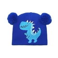 Detail of blue knitted kids hat with fuzzy pom-poms and cartoon dinosaur embroidery - M(48-52cm) / Blue