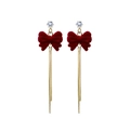 Red velvet bow earrings with gold tassel chains and crystal studs in a long style - E4710-3 Metal Fine Tassel Bow Style