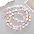 Pink and white acrylic beaded phone strap with star and heart charms and spring clips - K197 Pink Hand-painted Beaded Crossbody Chain