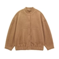 Detail of camel brown fleece bomber jacket featuring a high collar and soft plush texture - Camel