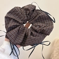 Plaid scrunchie in dark coffee color with hanging black ribbon bows for hair - Coffee Plaid Ribbon Bow