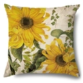 Linen sunflower pillowcase featuring vintage yellow floral pattern on white background - 45x45cm Pillow Cover / Vintage Sunflower with Ivy-2 (21Y363-2)