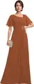 Caramel brown chiffon maxi dress with ruffled sleeves and gold crystal floral waist accent - US size 2 / Top And Bottom / Caramel color