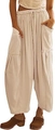 Detailed view of elastic drawstring waist and large side pockets on beige wide leg trousers - Apricot / S