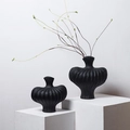 Set of two black ceramic vases with vertical ribbing for creative home decor accents - Homestay Decoration Set 6