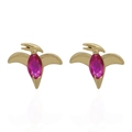 Golden dinosaur earrings featuring rose pink marquise-cut stones in a symmetric layout - Pterosaur / Rose Red