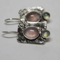 Handmade sterling silver earrings with pink quartz and green oval cat eye stones - Pink