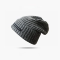 Dark grey knitted beanie with thick yarn texture and adjustable drawstring for winter - One Size / Long Label Style / Gray