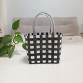 Handmade checkered woven bucket bag with black and white patterns and transparent handles - Small / Black & White