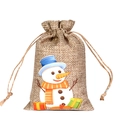 Burlap Christmas drawstring gift bag featuring a festive snowman illustration - Blue Hat Snowman H-01 / 10*15cm