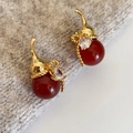 Elegant gold-plated gourd earrings with red agate beads and sparkling cubic zirconia - Silver Earring Post-Gold-Red (True Gold Plating)