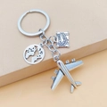 Travel keychain with silver airplane, globe, and city engraved suitcase charms - 2#-Airplane Suitcase Globe