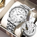Orologio al quarzo in acciaio argento con quadrante bianco, numeri romani e data - Cassa Argentata Quadrante Bianco